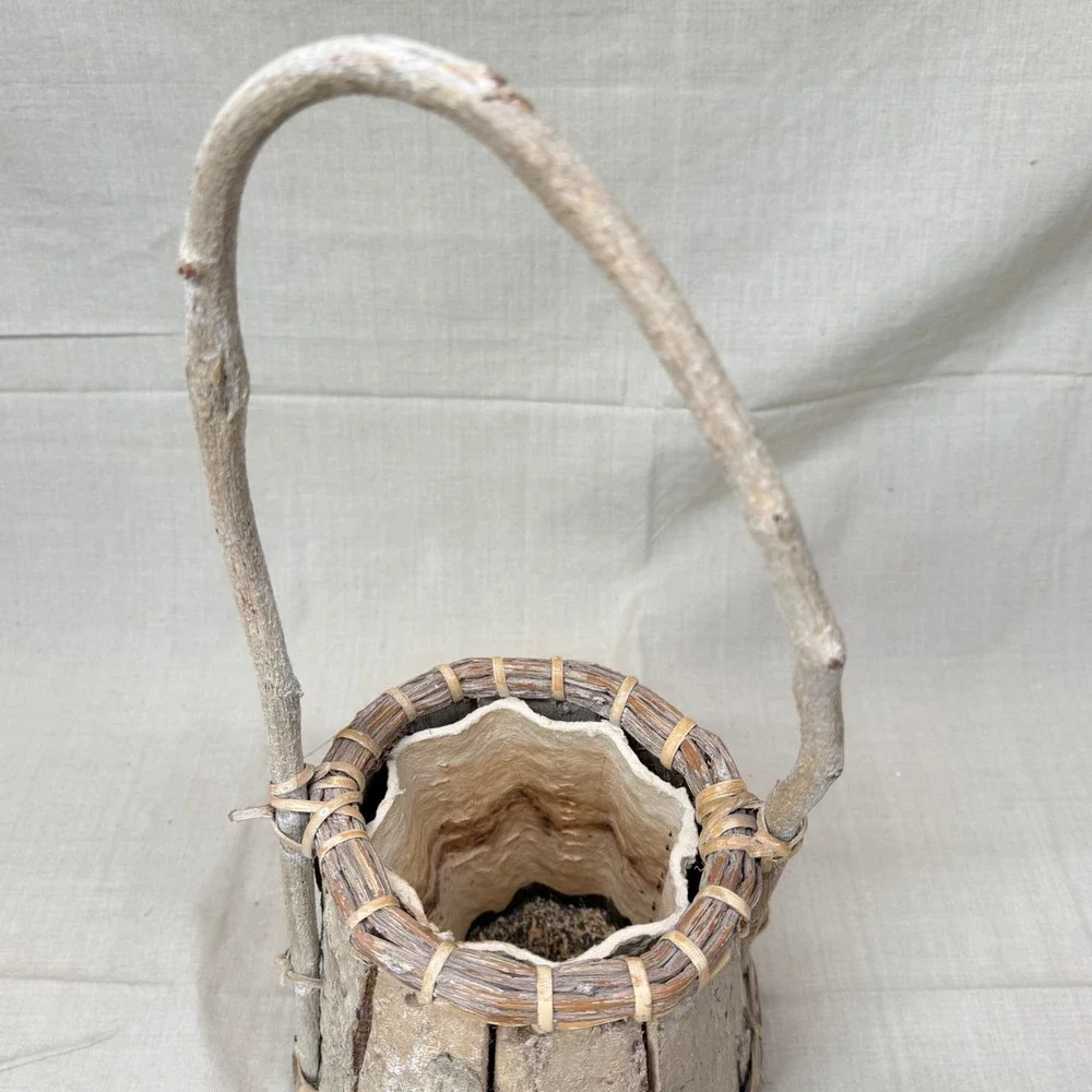 Vintage Bark Planter Basket with Liner Rustic Woodland Cachepot 1970s